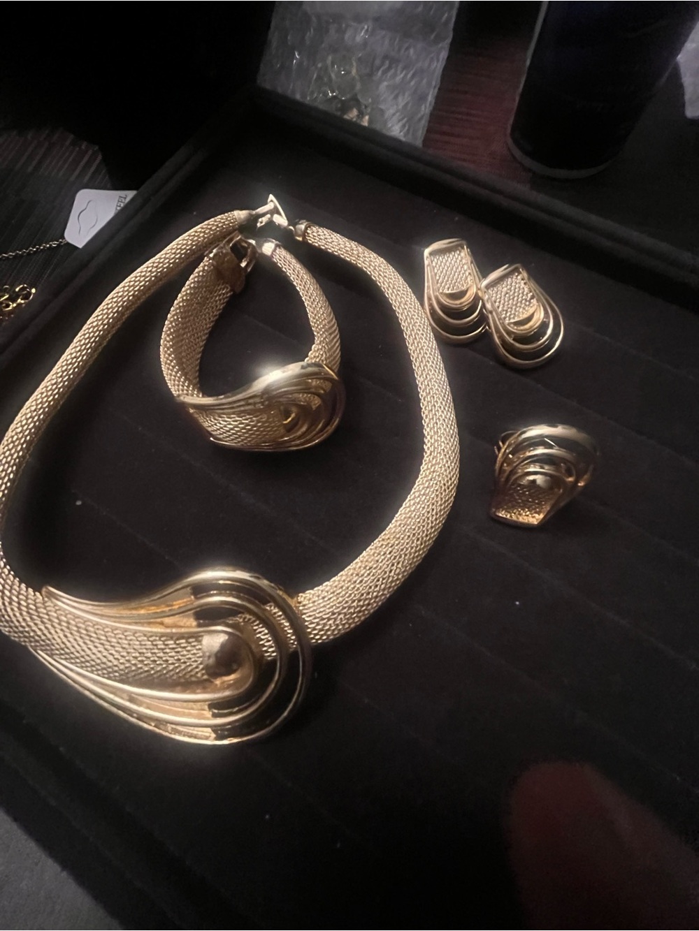 Gold Tone Mesh Necklace, Bracelet, Ring & Clip-On Earring Set Stainless Steel
